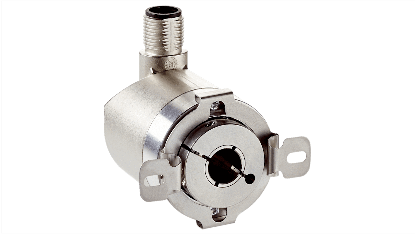Encoder assoluto Sick AHM36A-BBCC014x12, diametro albero 8 mm, uscita CANOpen, risoluzione 14 bit, montaggio a flangia, dimensioni 36 mm x 52 mm x 51 mm.