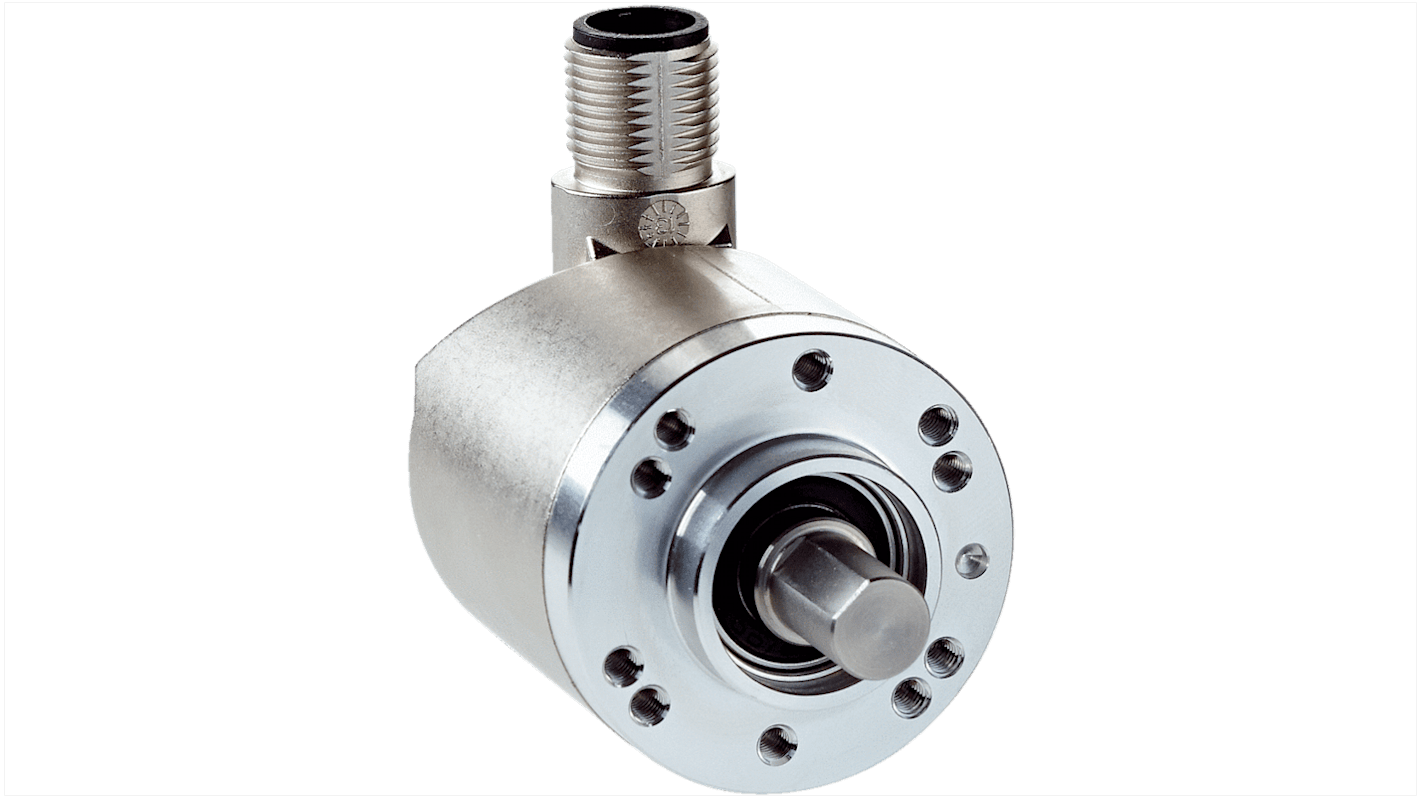 Encoder assoluto Sick AHM36B-S5QC012x12, con uscita IO-Link, diametro albero 8 mm, montaggio a flangia, dimensioni 50.7 x 36 x 54.5 mm. Grado di protezione IP65.