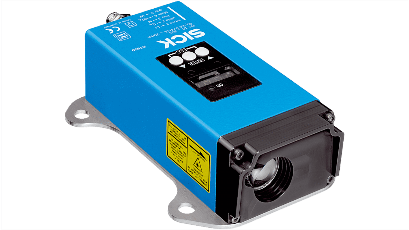 Sensore di distanza rettangolare Sick DT500-A111, portata fino a 30 m, uscita analogica, grado di protezione IP65, custodia in metallo.