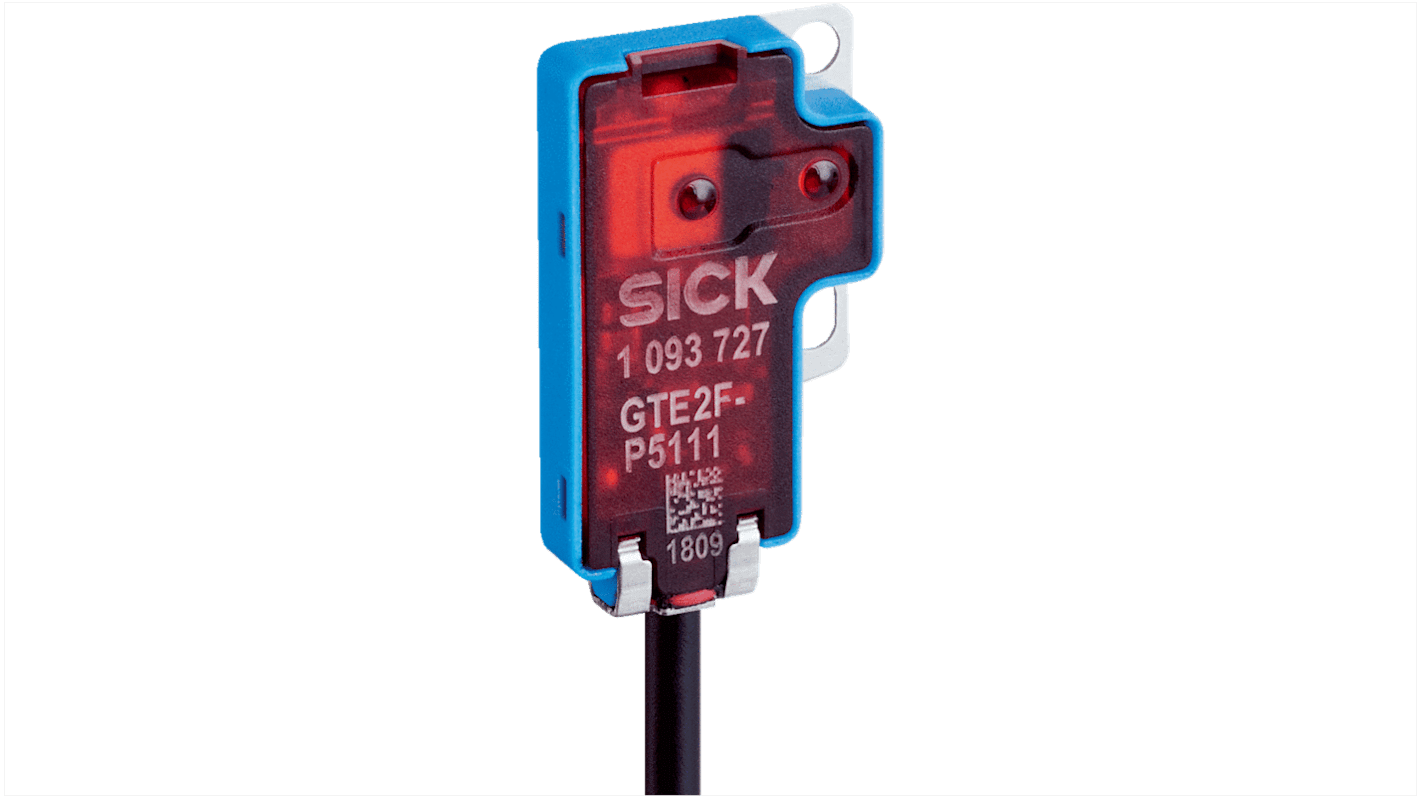 Sensore fotoelettrico rettangolare Sick GTE2F-P0131S09, rilevamento 1-30 mm, uscita PNP, grado di protezione IP67.