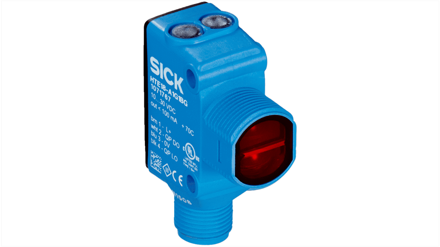 Sensore fotoelettrico rettangolare Sick HL18-B4A3BA a retroriflessione, rilevamento fino a 6,5 m, montaggio M18, IP67/IP69K.