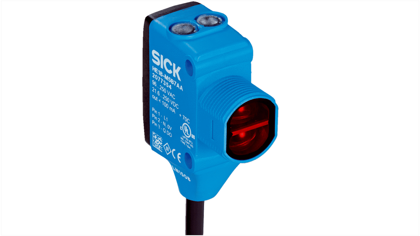 Sensore fotoelettrico rettangolare Sick HL18-L5B3AA a retroriflessione, rilevamento fino a 6,5 m, montaggio filettato, grado di protezione IP67/IP69K.