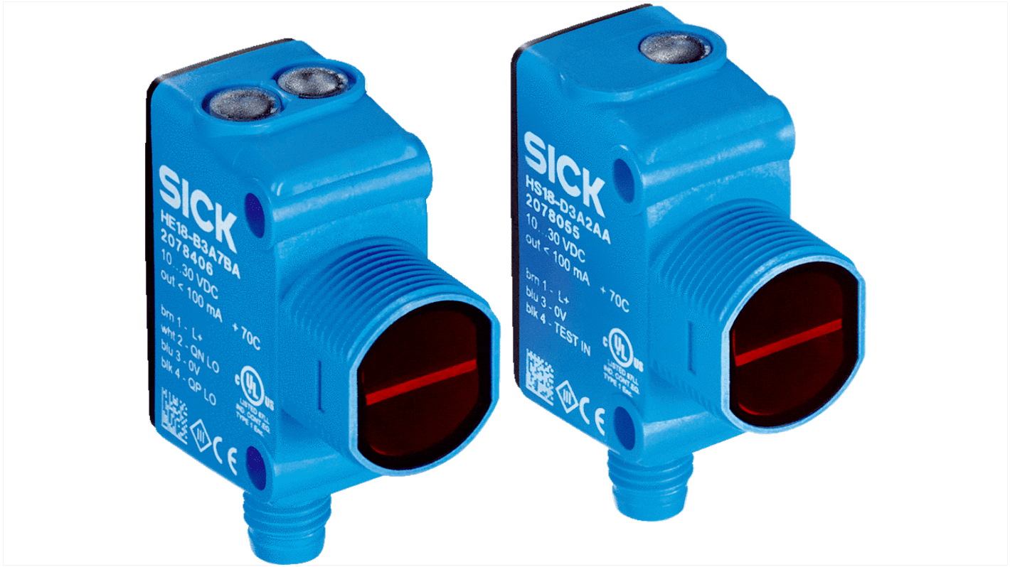 Sensore fotoelettrico cilindrico Sick HSE18-P3A2BB, rilevamento fino a 25 m, uscita PNP, grado di protezione IP67.