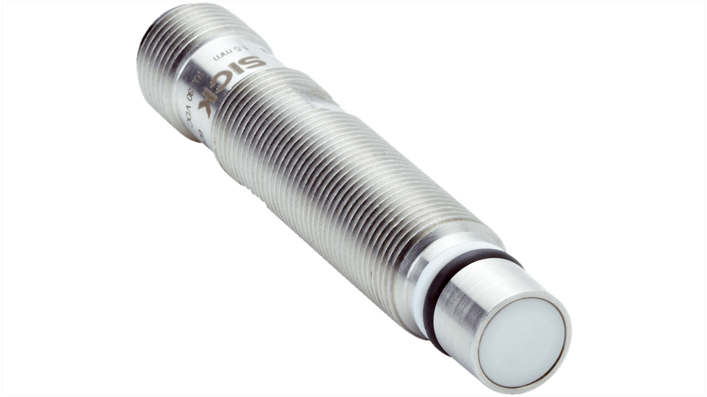 Sensore di prossimità induttivo cilindrico Sick IMP12-1B5NSVC0B, M12, NPN, IP68, rilevamento 1,5 mm, montaggio a filo.
