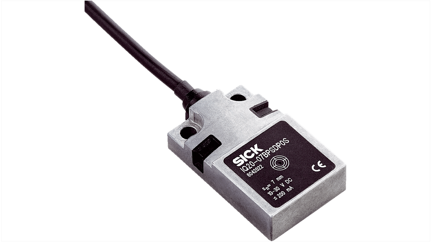 Sensore di prossimità induttivo rettangolare Sick IQ20-07BPPDU5S, PNP, 7 mm di rilevamento, IP67, montaggio a filo, dimensioni 32 x 20 x 8 mm.