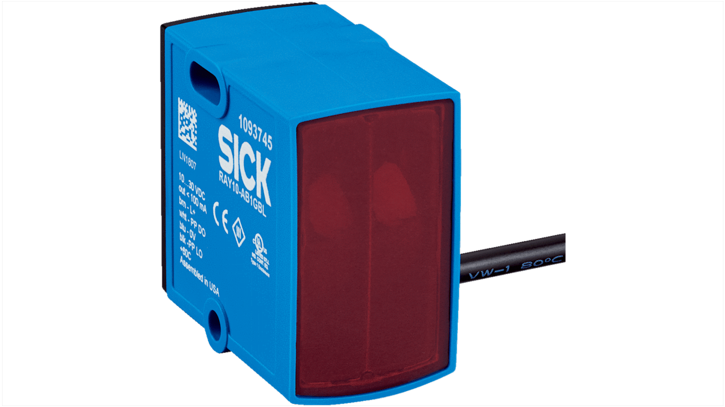 Sensore fotoelettrico rettangolare Sick RAY10-AB5CBLA00, rilevamento fino a 1,5 m, con connettore M8, grado di protezione IP67.