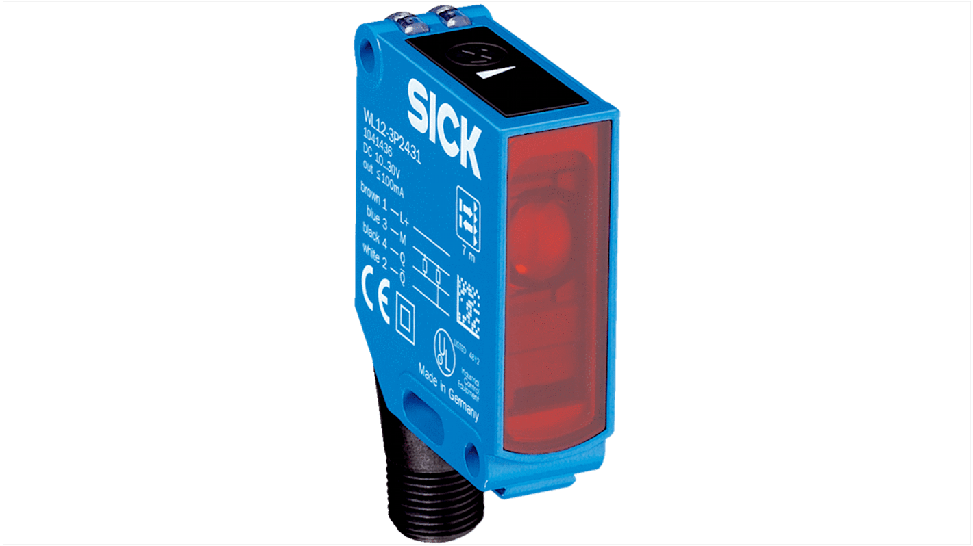 Sensore fotoelettrico rettangolare Sick WL12-3P2431S43 a retroriflessione, rilevamento fino a 7 m, uscita PNP, connettore M12.