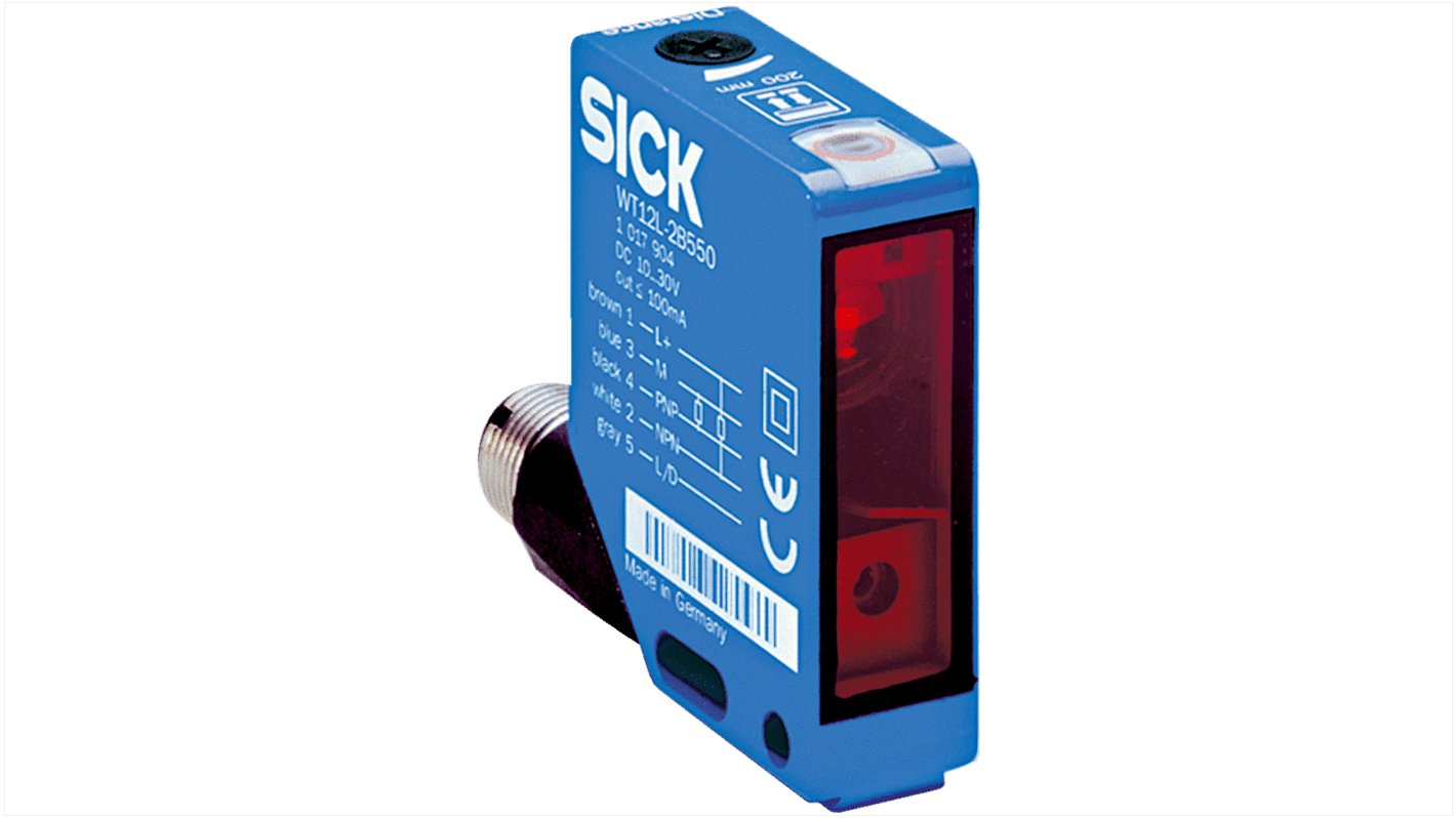 Sensore fotoelettrico rettangolare Sick WL12L-2B530A01 a retroriflessione, gamma 18 m, IP67/IP69K, connettore M12.