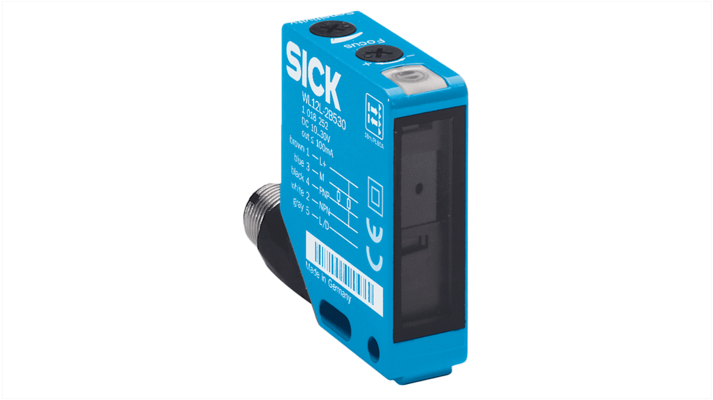 Sensore fotoelettrico rettangolare Sick WL12L-2B530S02, rilevamento fino a 36 m, con connettore M12, grado di protezione IP67/IP69K.