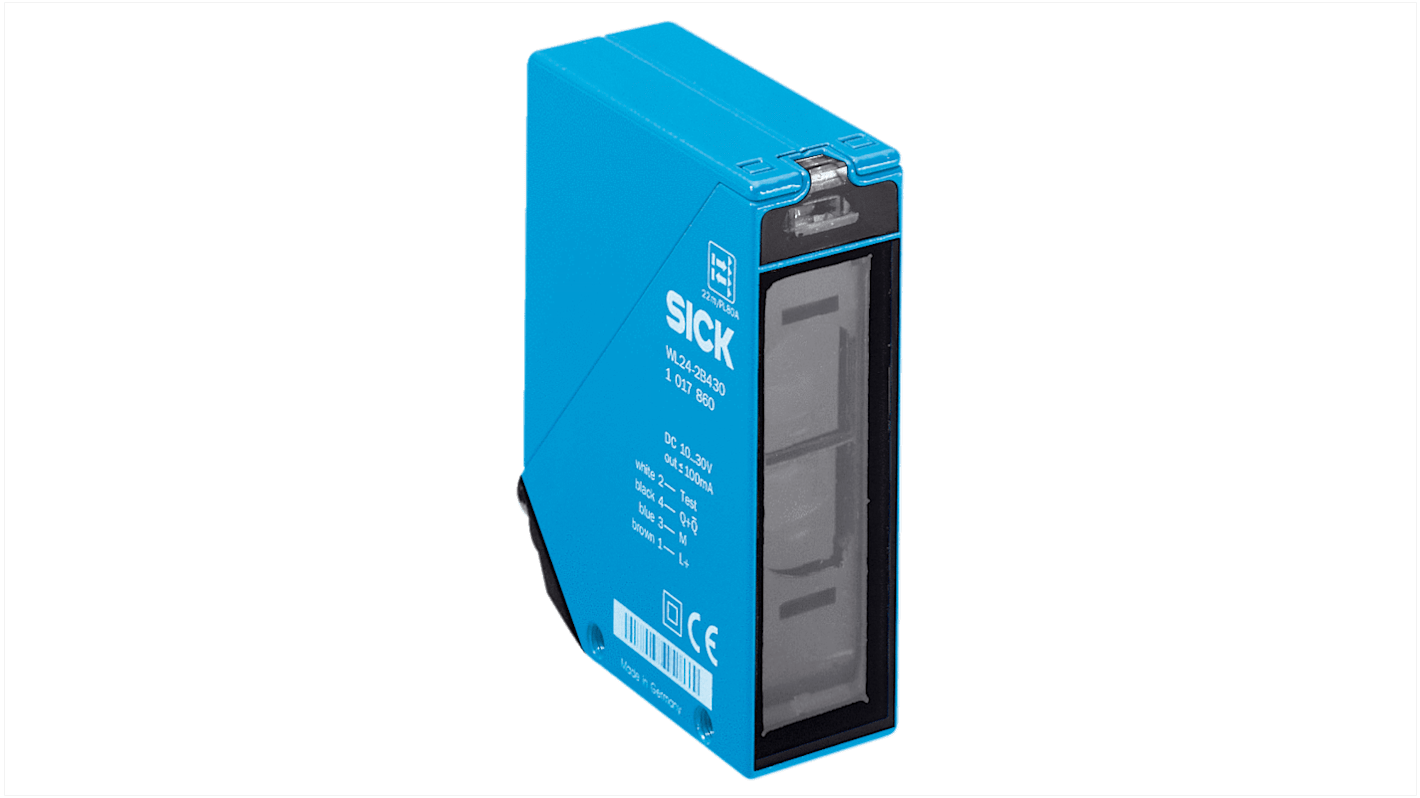 Sensore fotoelettrico rettangolare Sick WL24-2B430 a retroriflessione, gamma di rilevamento 22 m, grado di protezione IP 69K.