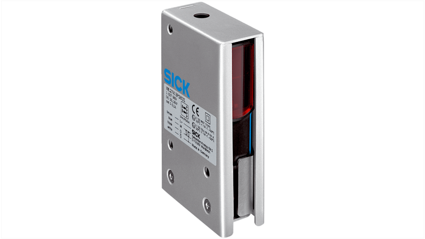 Sensore fotoelettrico Sick WL27X-3P3431 a retroriflessione, rilevamento fino a 15 m, montaggio a pannello, IP67, acciaio inossidabile.