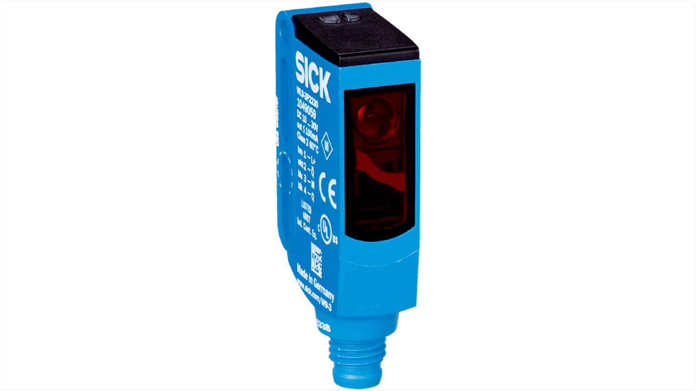 Sensore fotoelettrico rettangolare Sick WL9-3P2230S03 a retroriflessione, gamma di rilevamento 4 m, uscita PNP, grado di protezione IP66/IP67/IP69K.