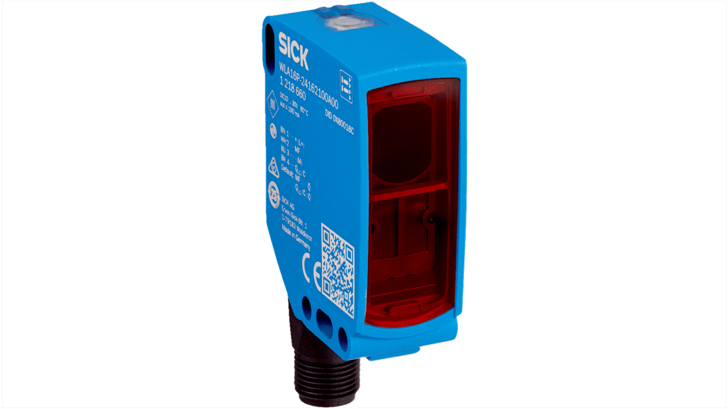 Sensore fotoelettrico rettangolare Sick WLG16P-2416H120A71 a retroriflessione, rilevamento fino a 5 m, con uscita PNP/NPN e connettore M12.