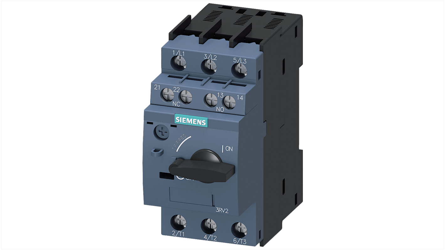 Siemens 3RV2021-1CA15, unità di controllo magnetico motore 3RV2, 690 V, 5 A, con protezione cortocircuito e rilevamento guasto.