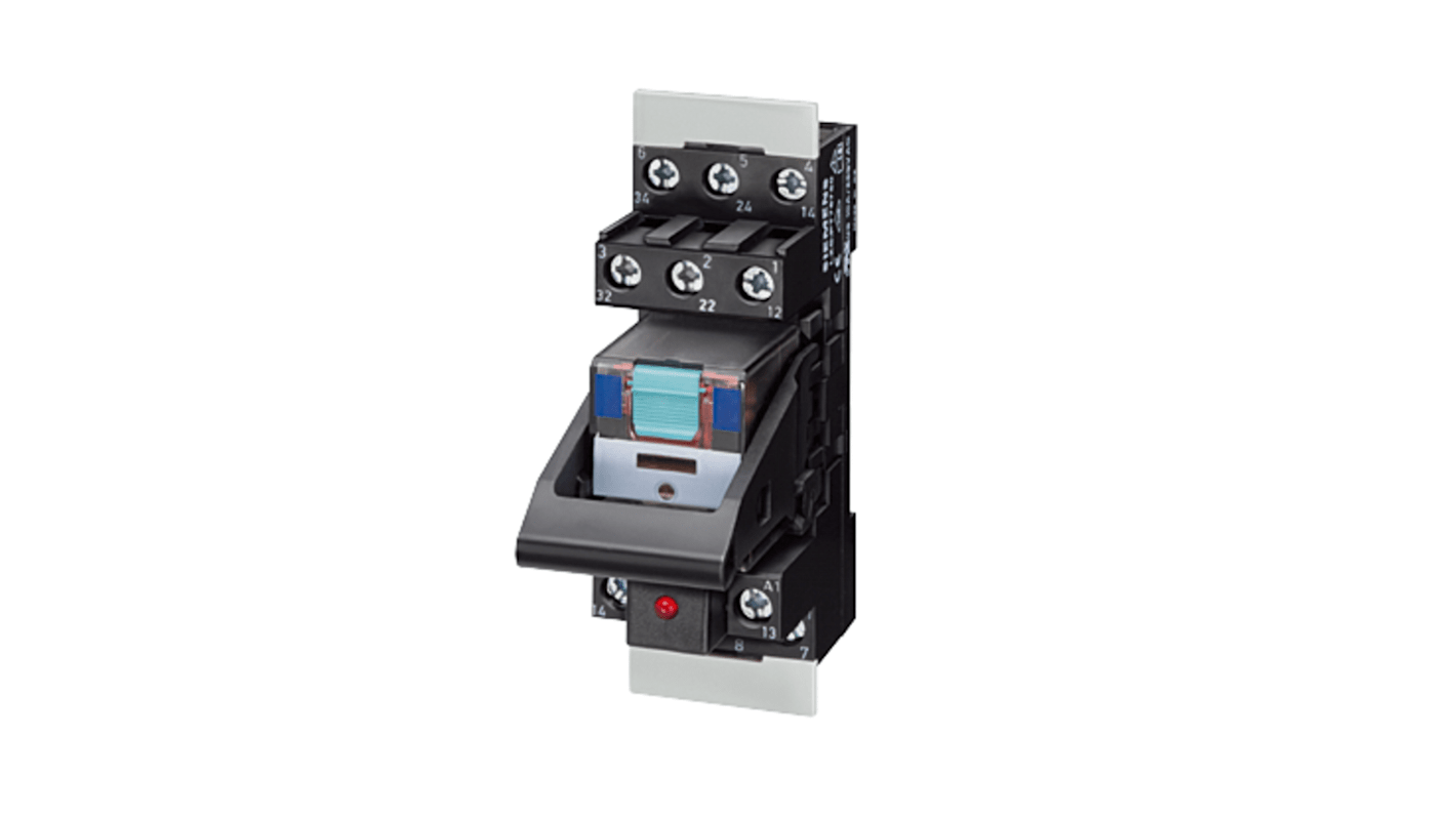 Relè Siemens LZS:PT3A5R24, bobina 24V, potenza 2W, montaggio su guida a innesto, corrente di commutazione 4A.