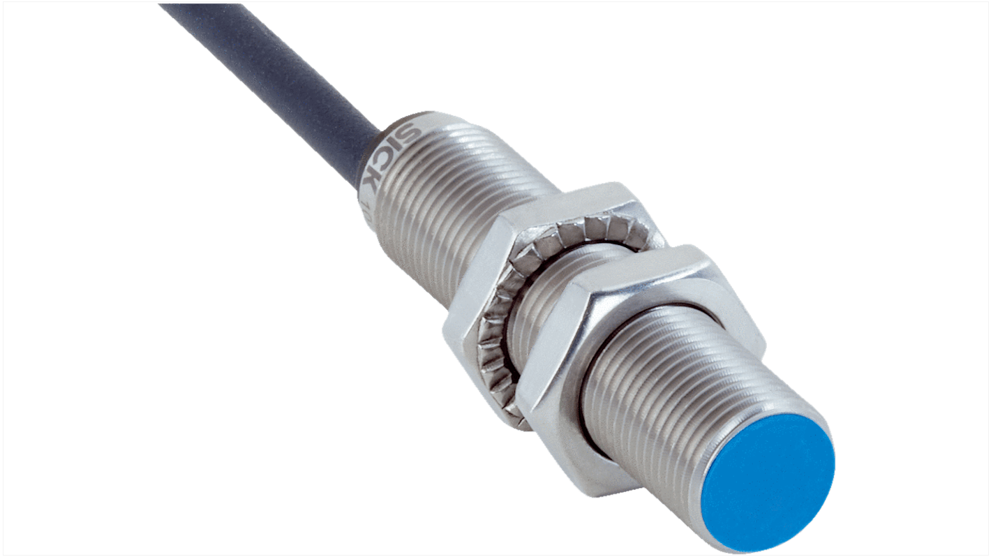 Sensore di prossimità induttivo cilindrico Sick IMB12-04BNOVU2S, filettatura M12, gamma di rilevamento 4 mm, IP68.
