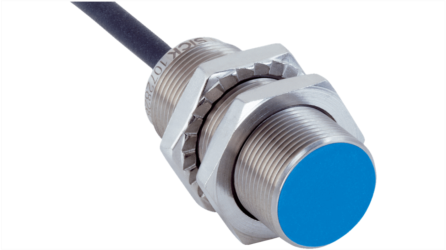Sensore di prossimità induttivo cilindrico Sick IMB18-08BNOVU2K, filettatura M18, gamma di rilevamento 8 mm, IP68.