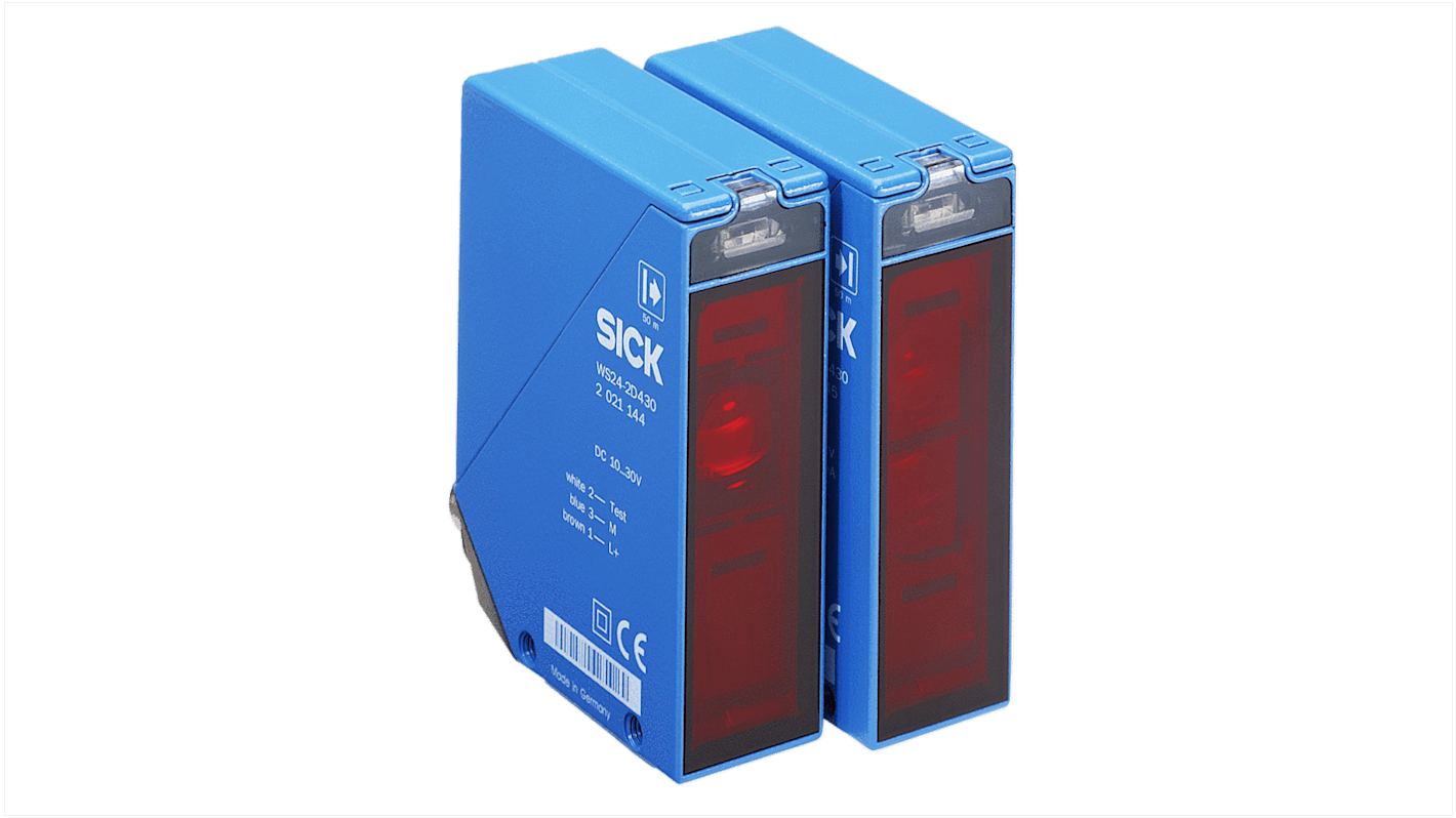 Sensore fotoelettrico Sick WS/WE24-2B440, rettangolare a fascio passante, rilevamento fino a 60 m, IP 69K, alloggiamento metallico.