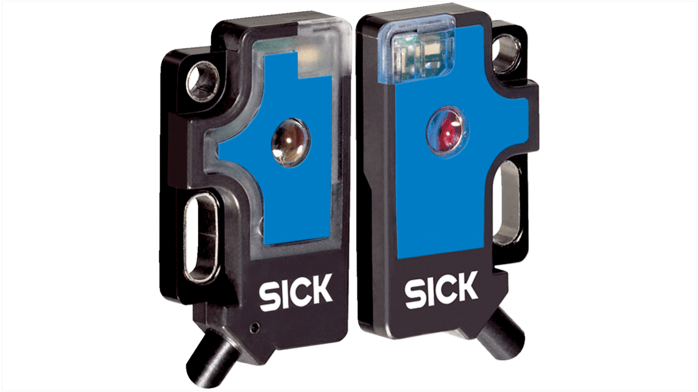 Sensore fotoelettrico rettangolare Sick WS/WE2F-E010 S04, rilevamento fino a 0,5 m, uscita NPN, montaggio a foro, IP67.