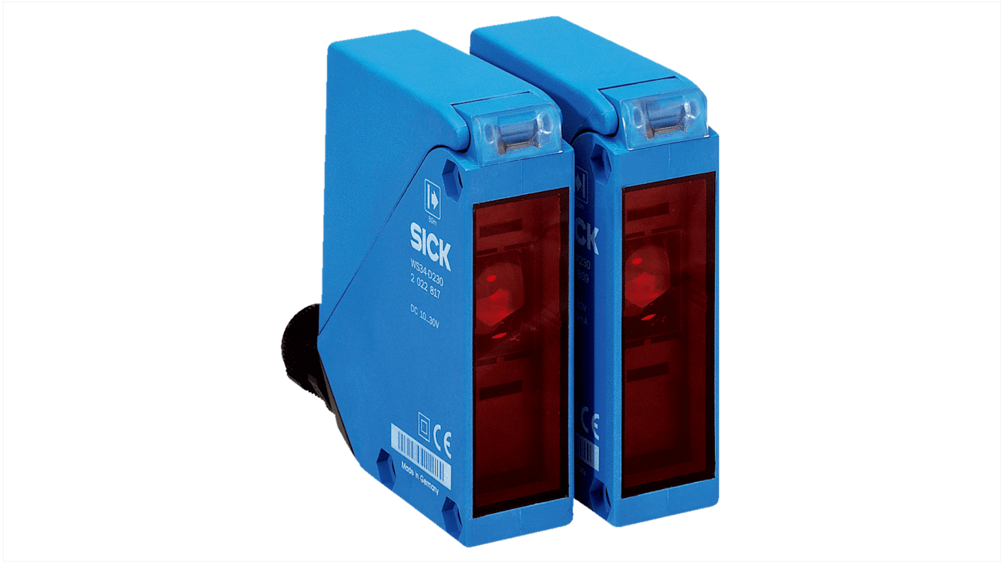 Sensore fotoelettrico rettangolare Sick WS/WE34-V240, rilevamento fino a 60 m, uscita NPN/PNP, grado di protezione IP67.