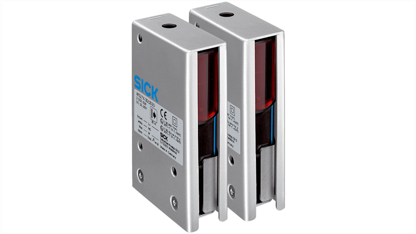 Sensore fotoelettrico Sick WSE27X-3P1830, fascio passante, rilevamento fino a 35 m, montaggio a pannello, custodia in acciaio inox.