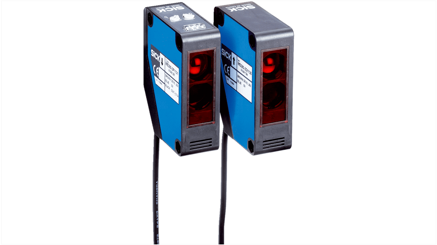 Sensore fotoelettrico Sick WSE280-2P1131, compatto, rilevamento fino a 60 m, IP67, con cavo da 2 m e staffa in acciaio inox.