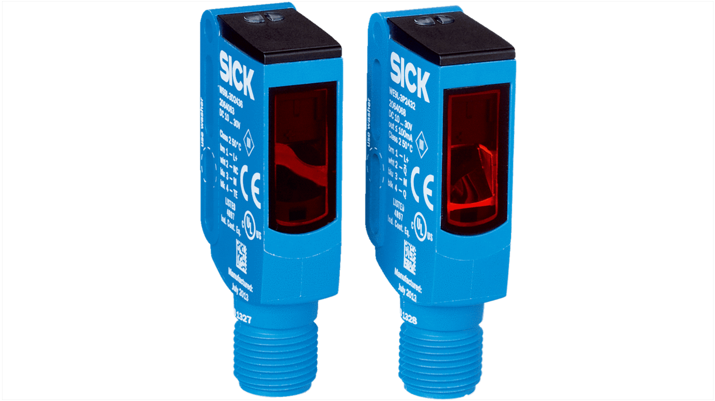 Sensore fotoelettrico rettangolare Sick WSE9LC-3P3436A00, fascio passante, rilevamento fino a 60 m, IP66/IP67/IP69K, montaggio su cavo.