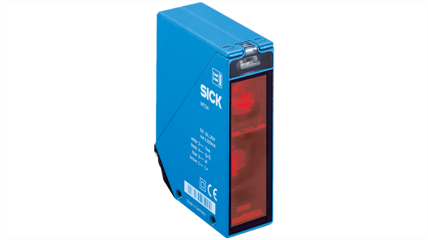 Sensore fotoelettrico rettangolare Sick WT24-2B420S14, rilevamento 100-3000 mm, IP 69K, uscita NPN/PNP, temperatura -40/+60 °C.