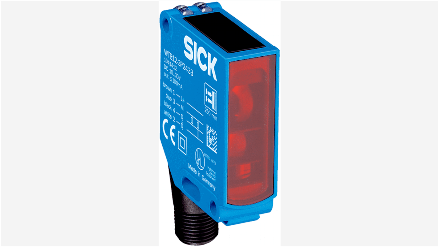 Sensore fotoelettrico rettangolare Sick WTB12-3P2460S04, rilevamento prossimità, IP66/IP67/IP69K, montaggio filettato, 340 mm di gamma.