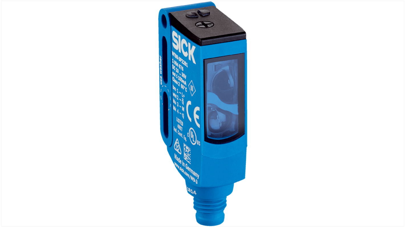 Sensore fotoelettrico rettangolare Sick WTB9-3P2281, con uscita PNP, gamma di rilevamento 200 mm, grado di protezione IP66/IP67/IP69K. Montaggio filettato M3.