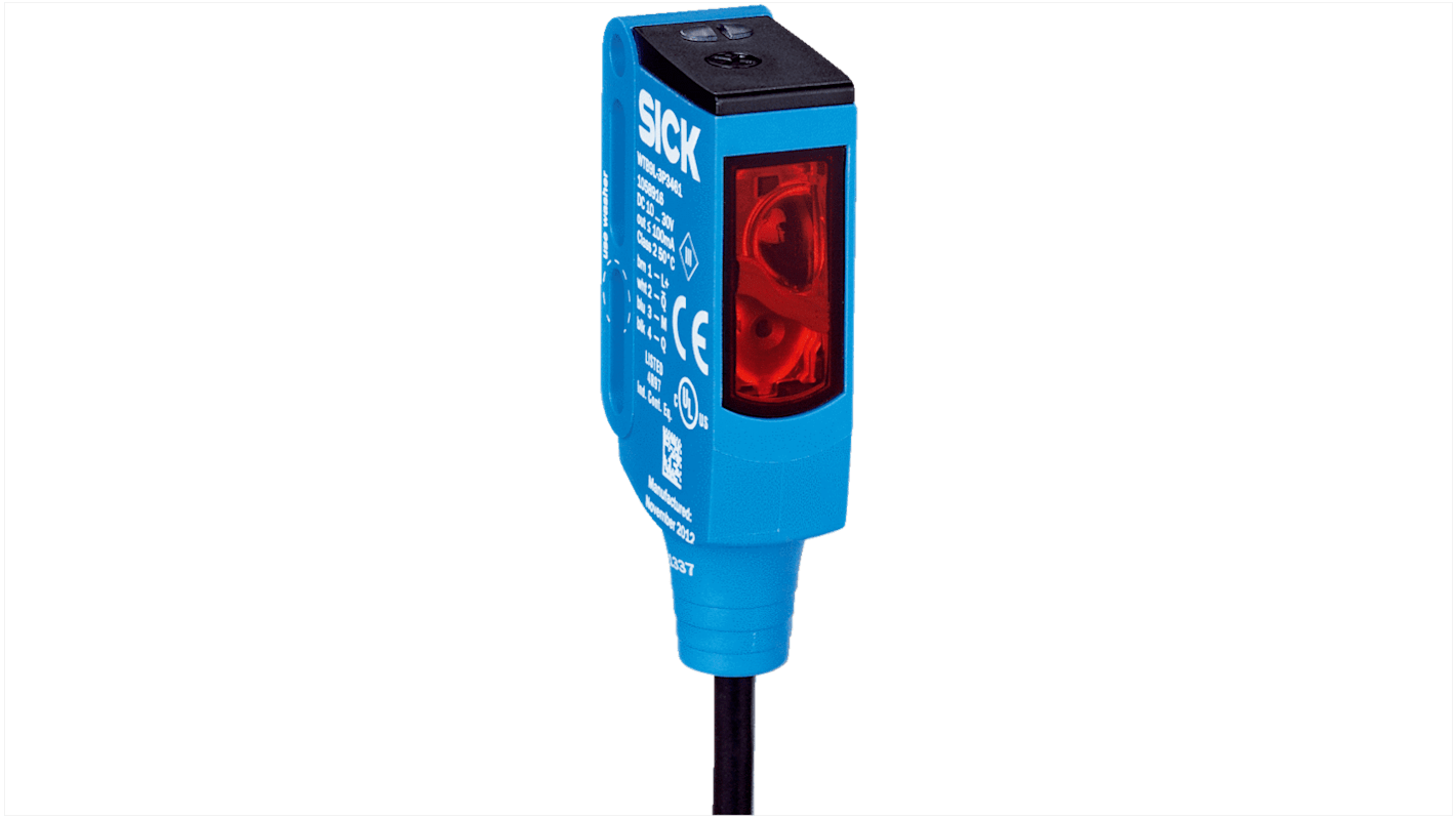 Sensore fotoelettrico rettangolare Sick WTB9L-3P3261S03, rilevamento 25-300 mm, uscita PNP, grado di protezione IP66/IP67/IP69.
