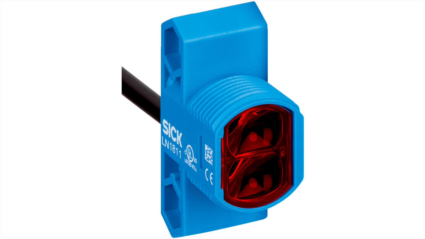Sensore fotoelettrico rettangolare Sick ZLD18-1FZDG2 a retroriflessione, montaggio M18, IP67, rilevamento 7,8 mm, 30V PNP.