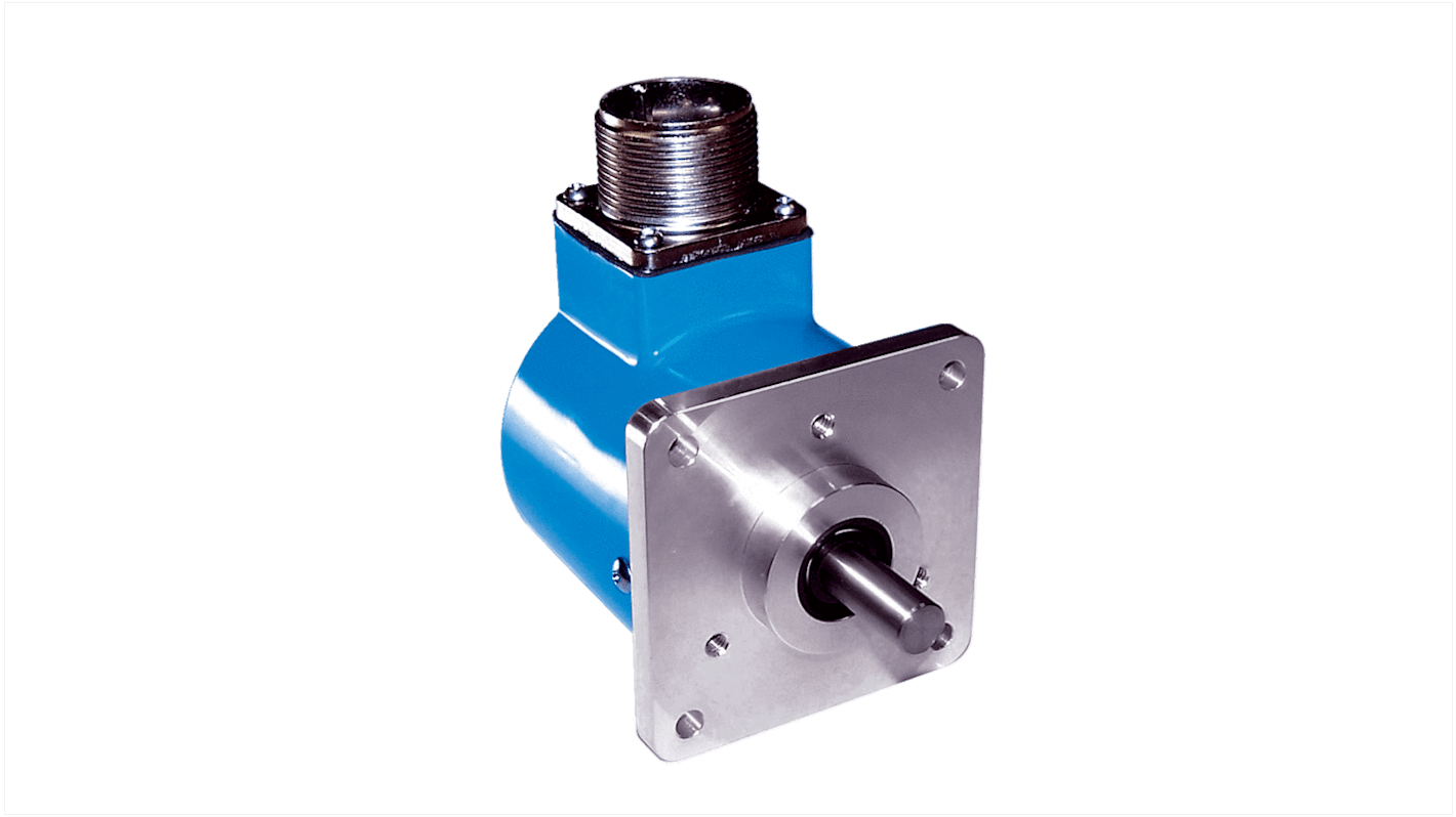 Encoder assoluto Sick SRM50-HTA0-K21, 1024 impulsi/giro, interfaccia HIPERFACE, IP65, diametro albero 3/8", dimensioni 66.5x66.5x64.8 mm.