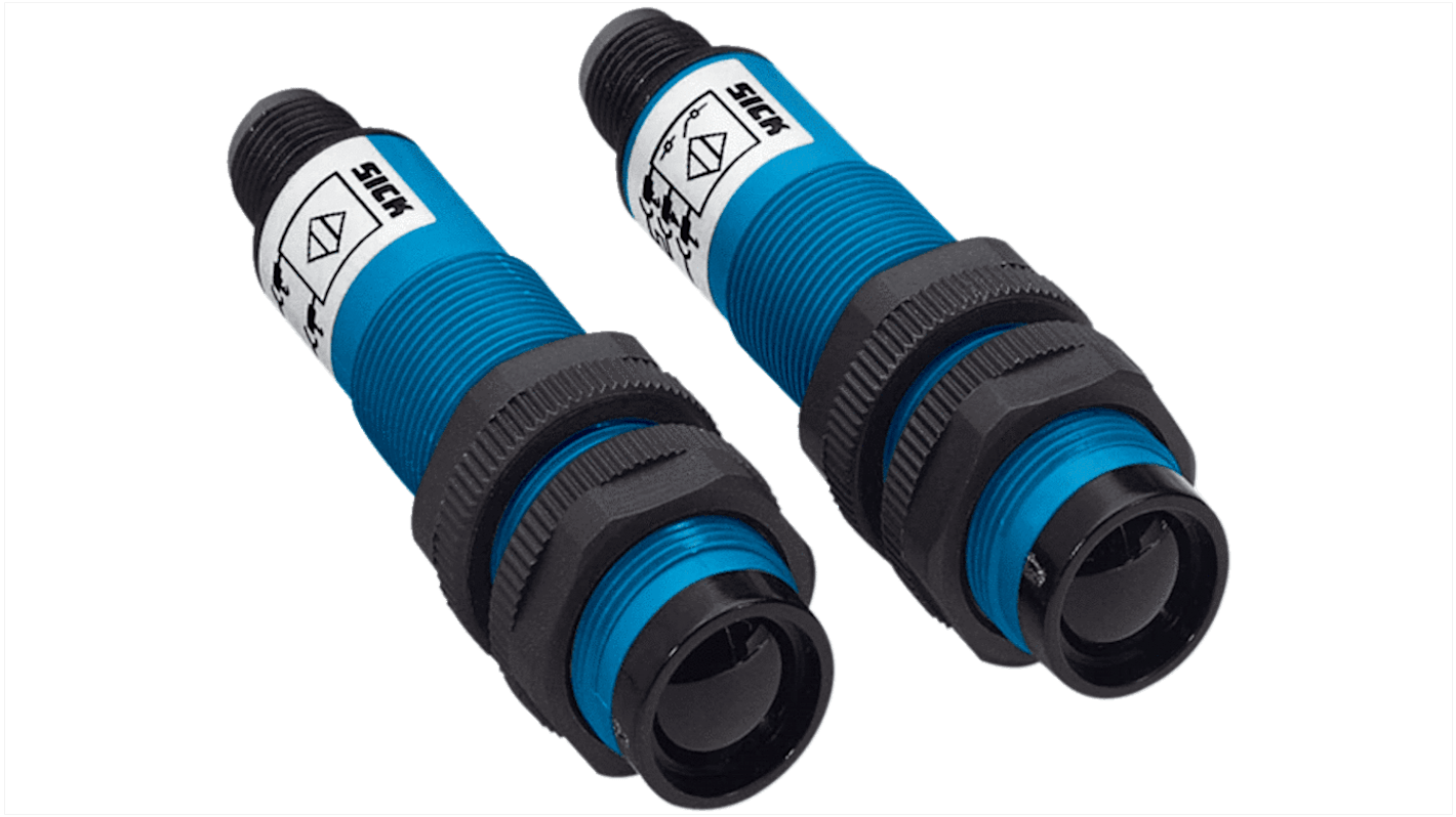 Sensore fotoelettrico cilindrico Sick VS/VE18-4P3640, rilevamento 20 m, montaggio filettato M18, uscita PNP, IP67.