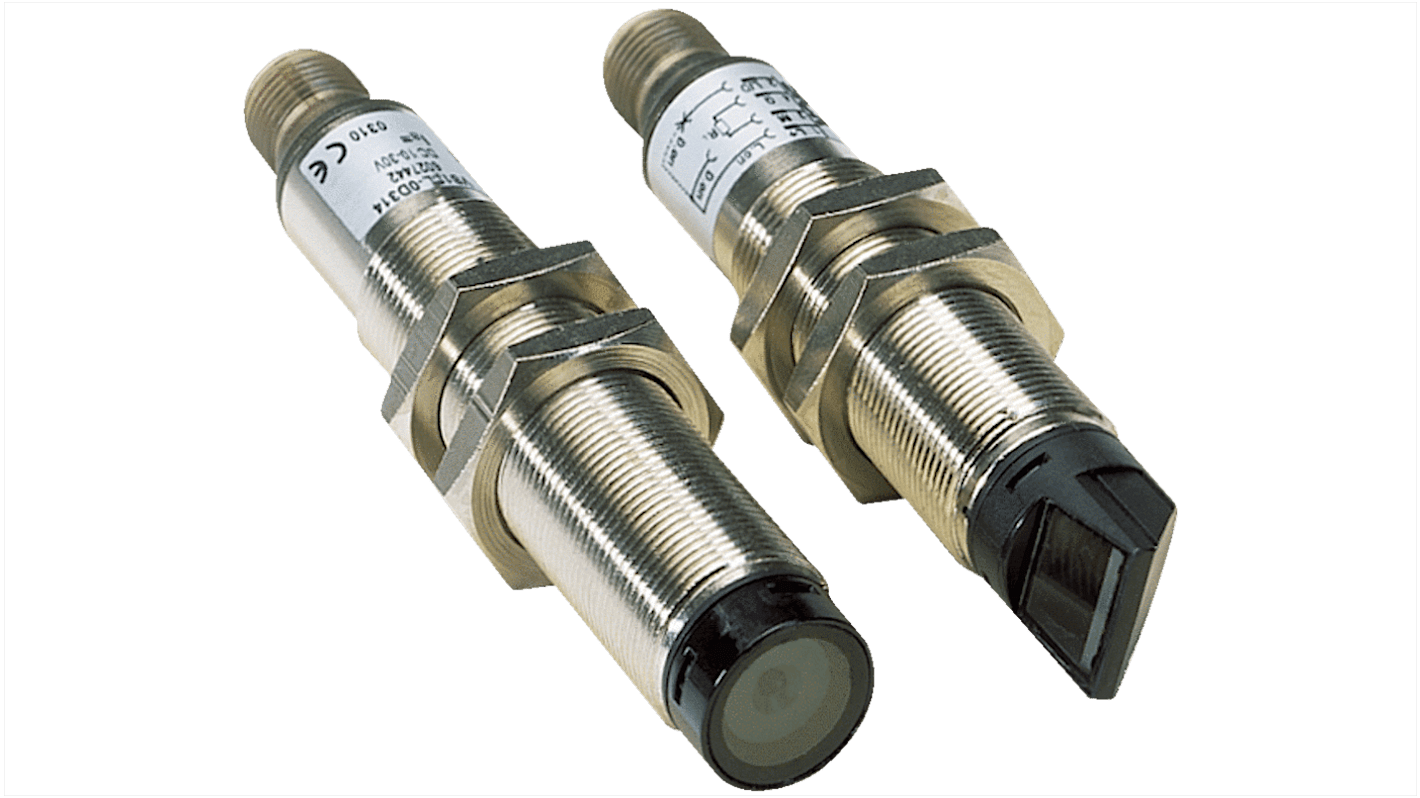 Sensore fotoelettrico cilindrico Sick VSE18L-4P344, rilevamento fino a 60 m, uscita PNP, grado di protezione IP67.