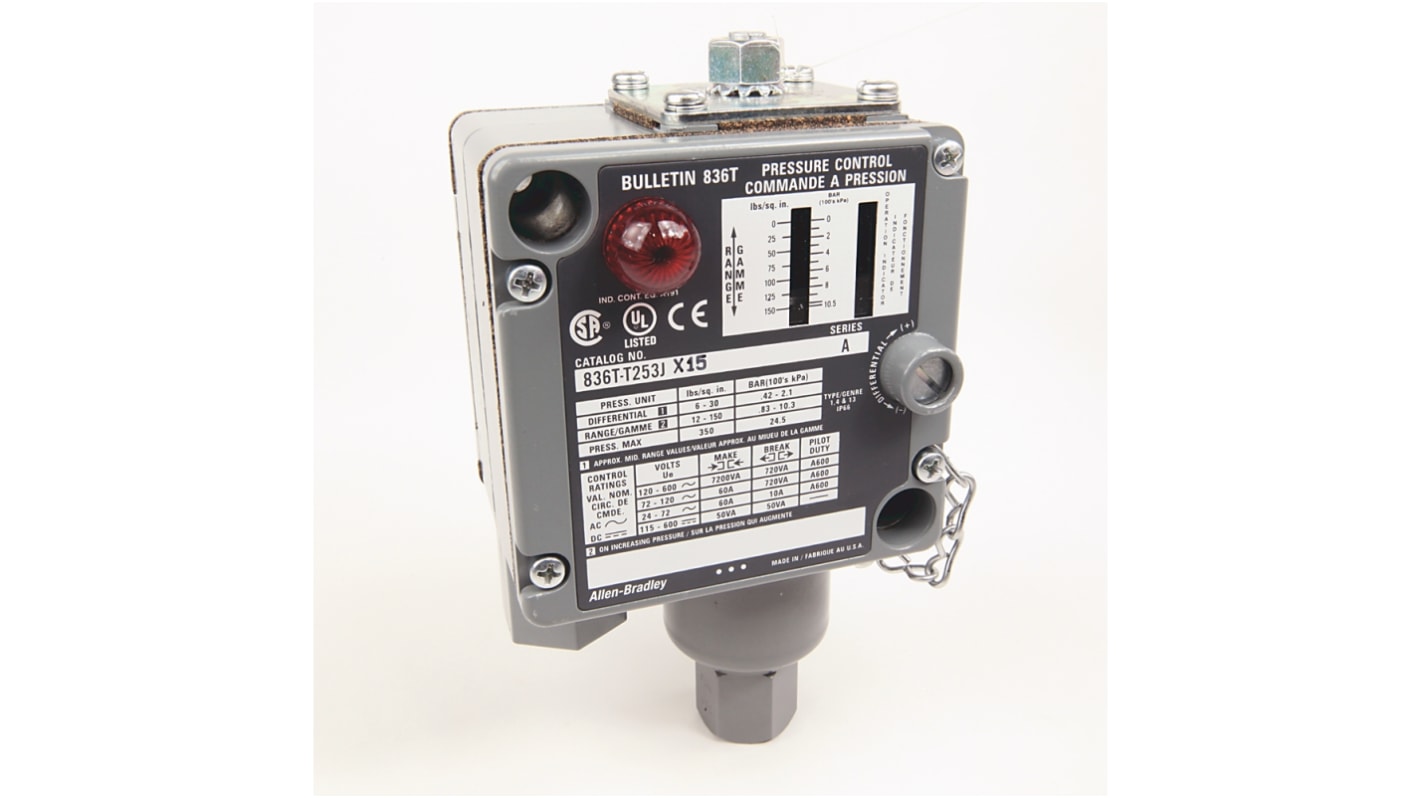 Pressostato differenziale regolabile Rockwell Automation 836T-T253J, 150 psi max, uscita SPDT, blocco contatti a 2 circuiti.