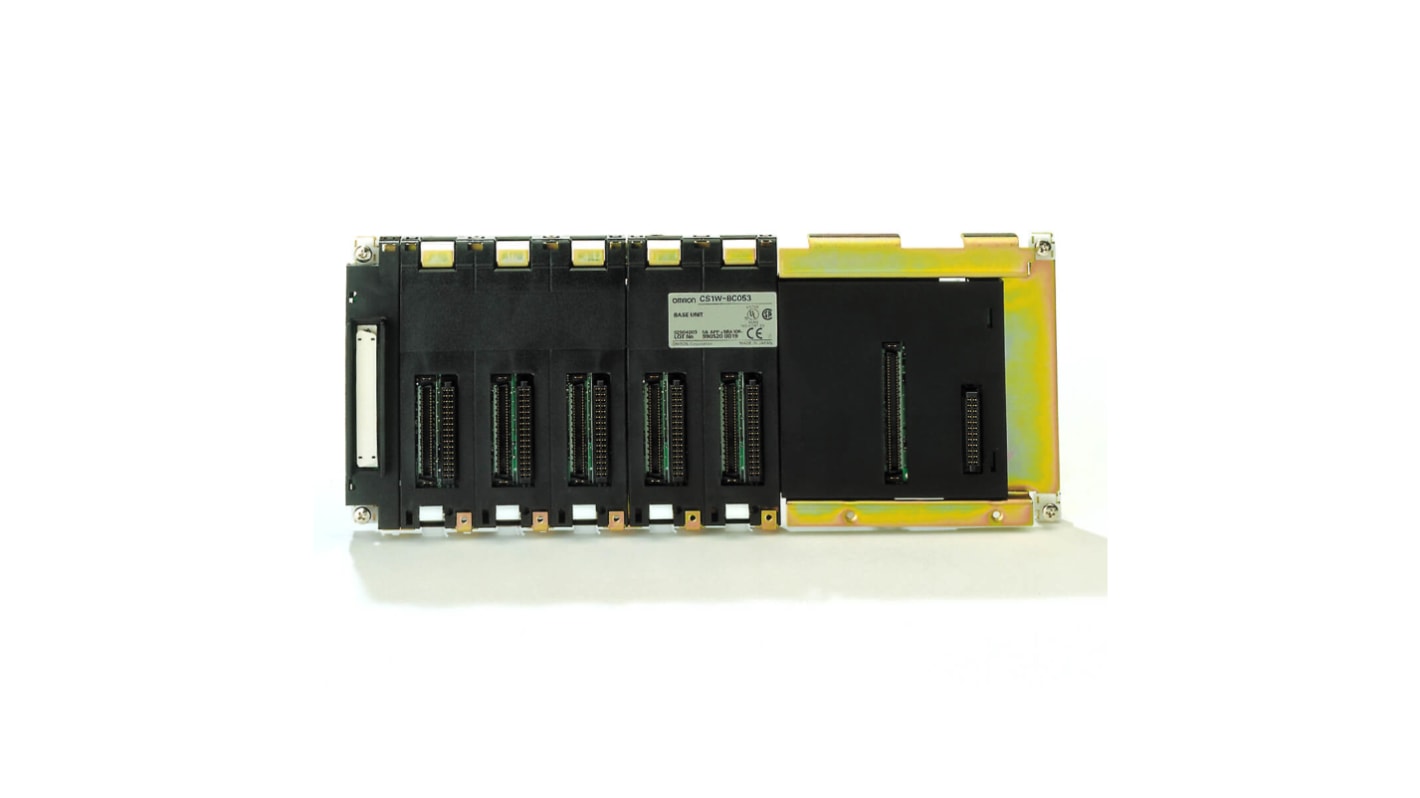 Backplane Omron CS1W-BC083 per guida DIN, 8 slot, alimentazione 24 V c.c. o 100-240 V c.a., dimensioni 135 x 505 x 123 mm.