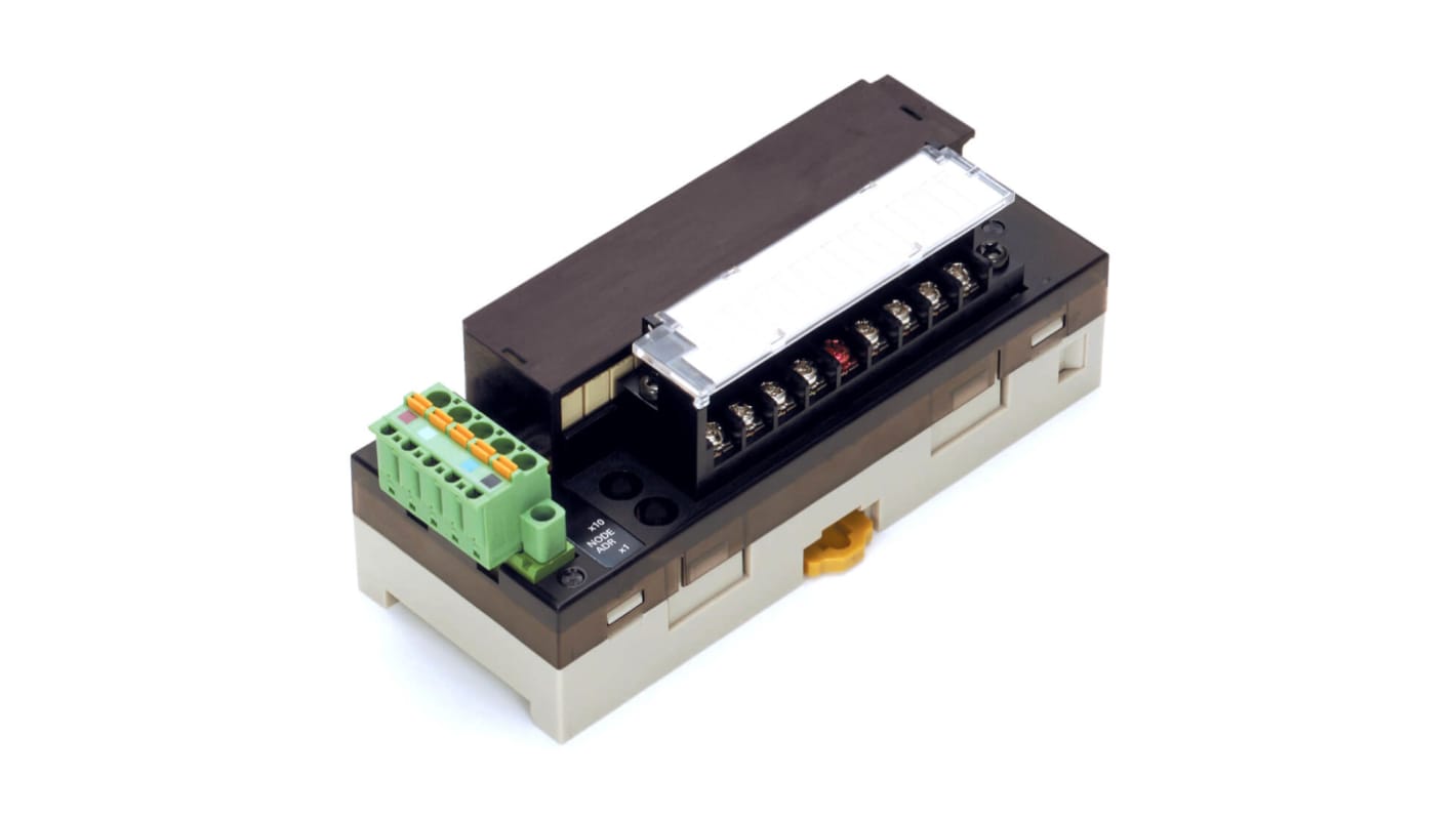 Terminale I/O remoto Omron DRT2-ROS16 per reti DeviceNet, dimensioni 50 x 125 x 50 mm, con uscite relè e espansione I/O.