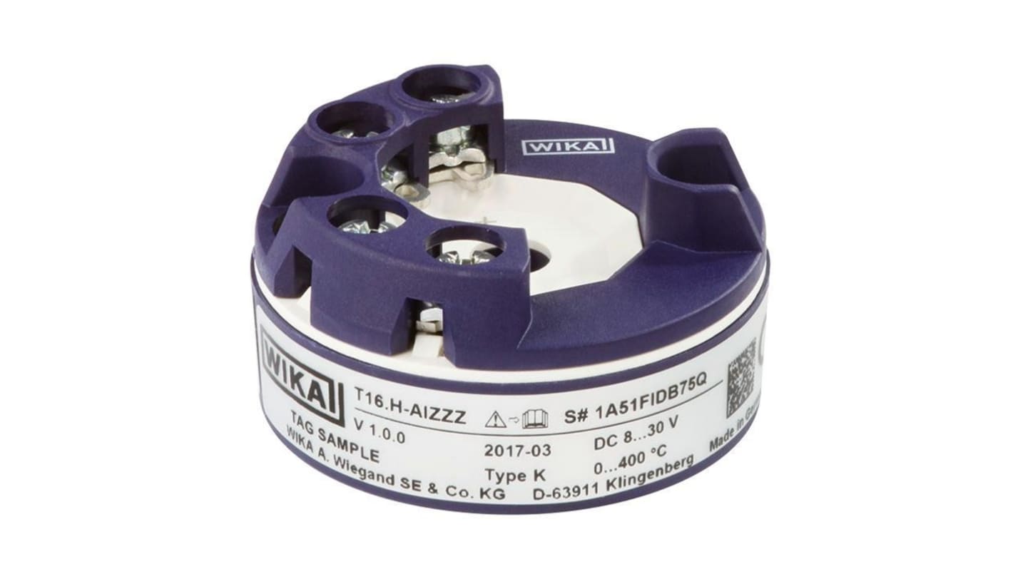 Trasmettitore di temperatura WIKA 46915977 T16.H, ingresso Tipo K, uscita 4-20 mA, range 0-1200°C, diametro 33 mm.