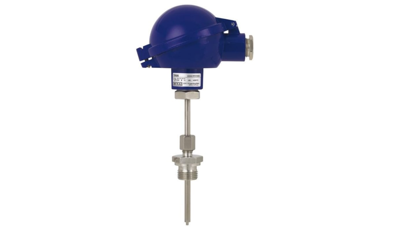 Sensore RTD WIKA 48767600 per misurazione temperatura, lunghezza sonda 105mm, intervallo -30°C/+250°C, collegamento M20, 3 cavi.