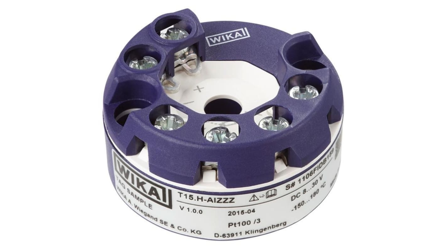 Trasmettitore di temperatura WIKA 48686943 T15.H, ingresso PT100, uscita 4-20 mA, range 0-150 °C, diametro 33 mm.