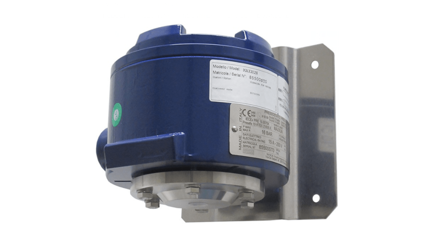 Sensore di pressione relativa WIKA 48715606, 0.2 bar max, uscita SPDT, robusto contenitore in alluminio, grado di protezione IP66.