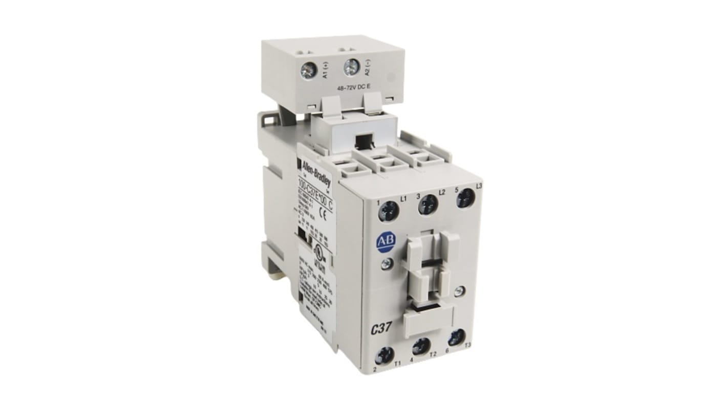 Contattore Rockwell Automation 100-C37D10, 3 poli, 37 A, montaggio su guida DIN, tensione bobina 110/120 V AC.