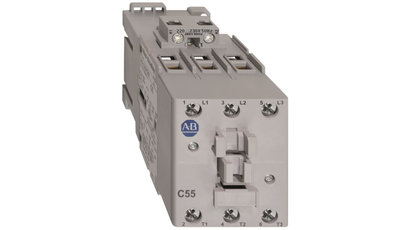 Contattore Rockwell Automation 100-C55KF00, 3 poli, 55 A, montaggio su guida DIN, bobina 230 V c.a., protezione IP2X.
