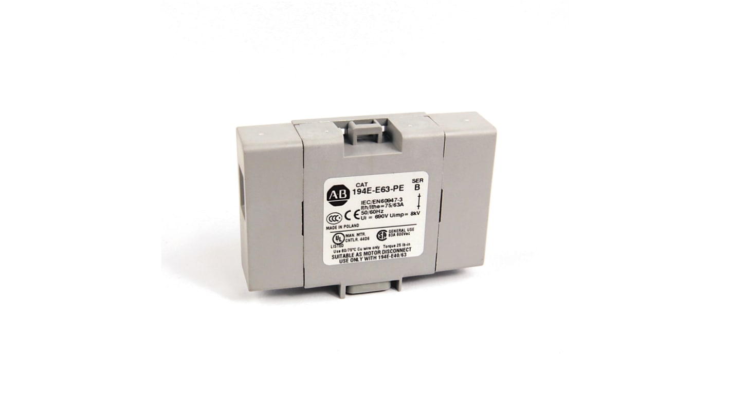 Terminale sezionatore Rockwell Automation 194E-E63-PE, bianco, dimensioni 17.5 mm x 68 mm x 45 mm, per interruttori serie 194E.