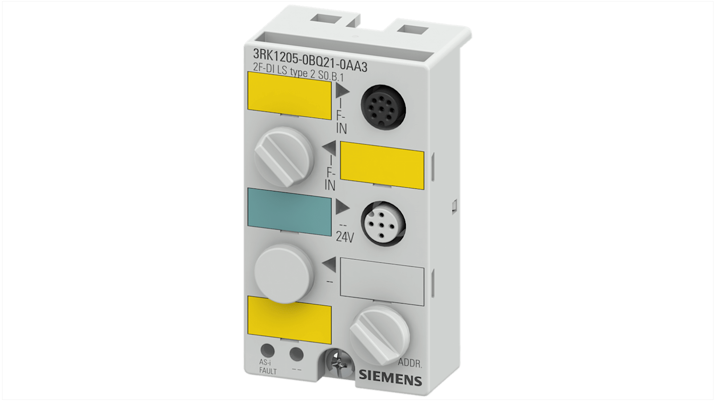 Modulo di monitoraggio ASIsafe Siemens 3RK1205-0BQ21-0AA3, dimensioni 80 x 45 x 34 mm, per test uscita semiconduttori.