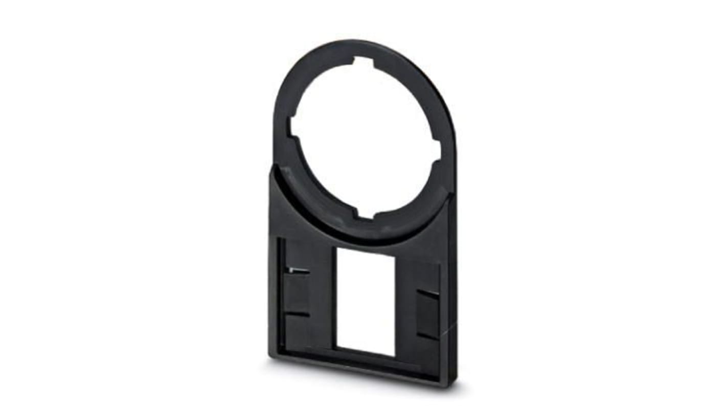 Supporto per marcatori Phoenix Contact 827448 con montaggio a vite o a rivetto per pulsanti da 22 mm. Resistente agli strappi, nero, senza silicone e alogeni. Protezione UV.