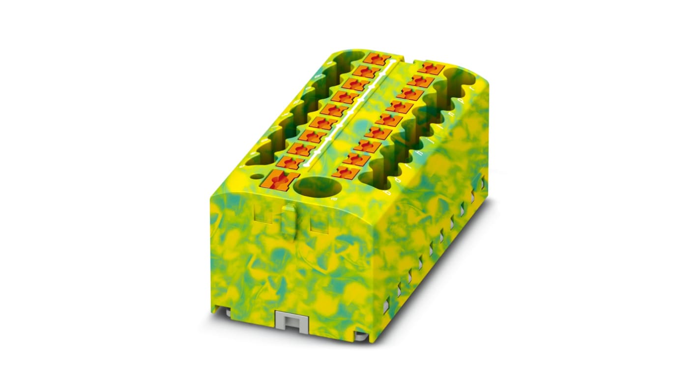 Blocco di distribuzione Phoenix Contact 1 via 57A (cod. 1091670) con tensione nominale 450V e corrente nominale 24A, verde giallo, montaggio trasversale.