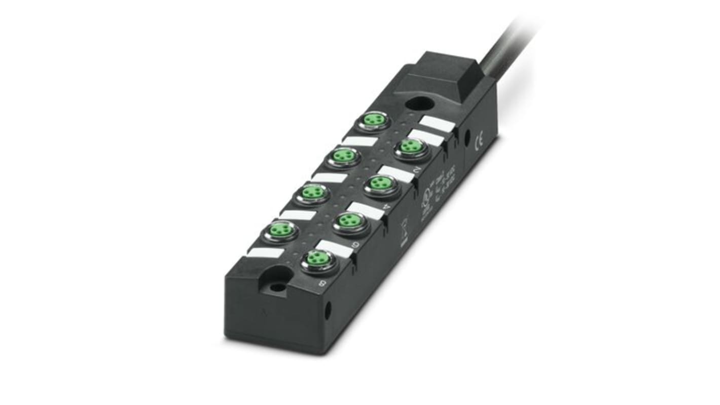 Scatola sensore Phoenix Contact 1197236, 8 porte M8, tensione 30V cc, cavo 10m, contenitore nero in PBT, grado di protezione elevato.