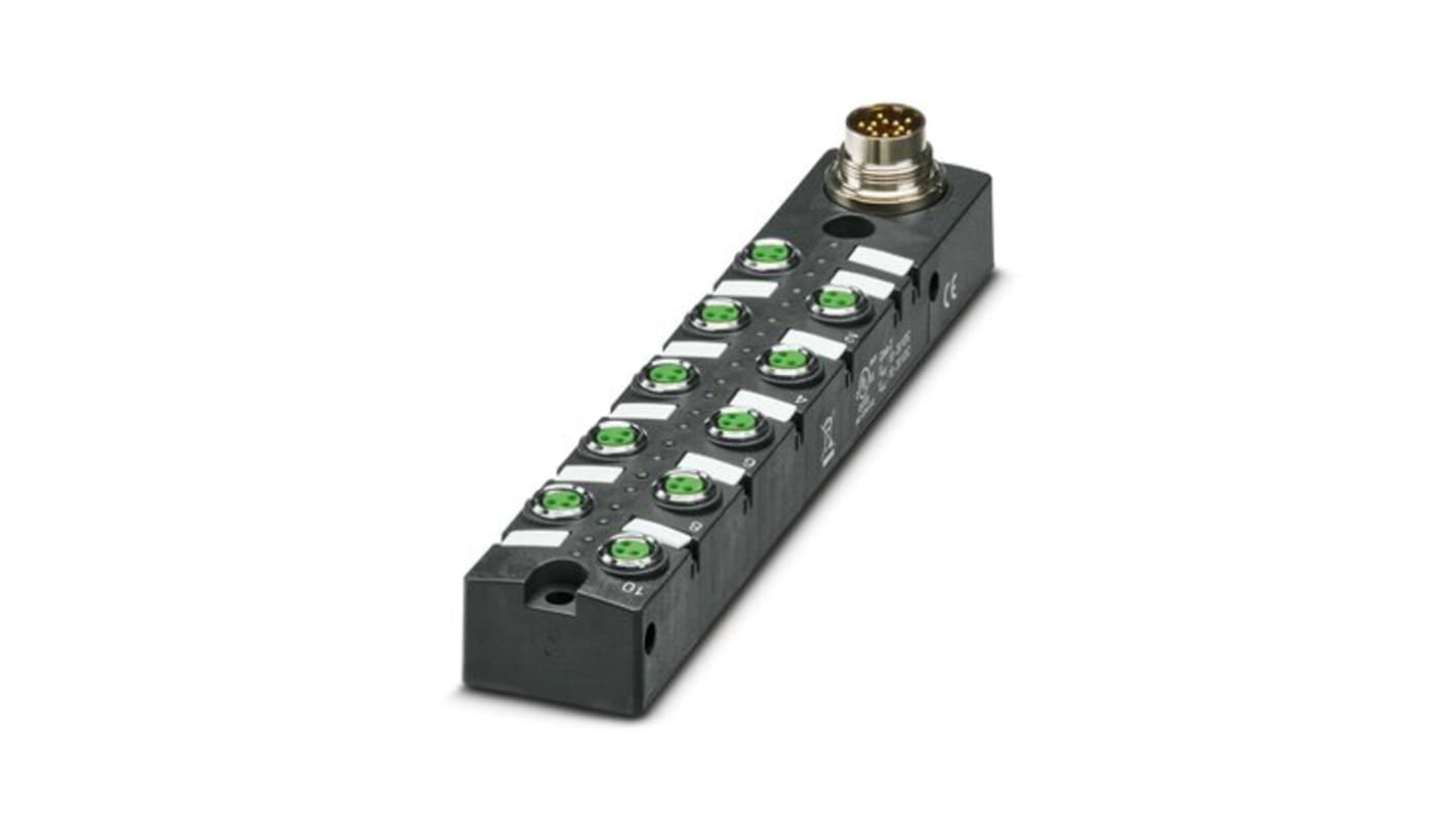 Scatola sensore Phoenix Contact 1197585, 10 porte M8, tensione 30V cc, contenitore PBT nero, grado di protezione elevato.